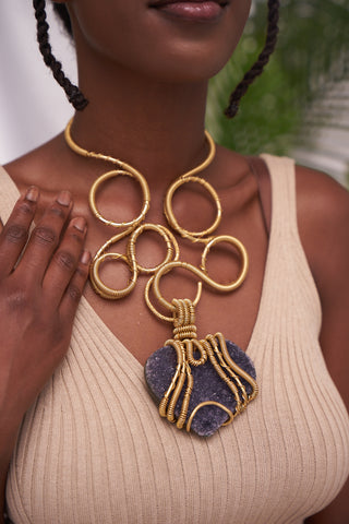 " Ma'at Blessing" Golden Imperial Choker w/ Uruguayan Druzy Amethyst Heart